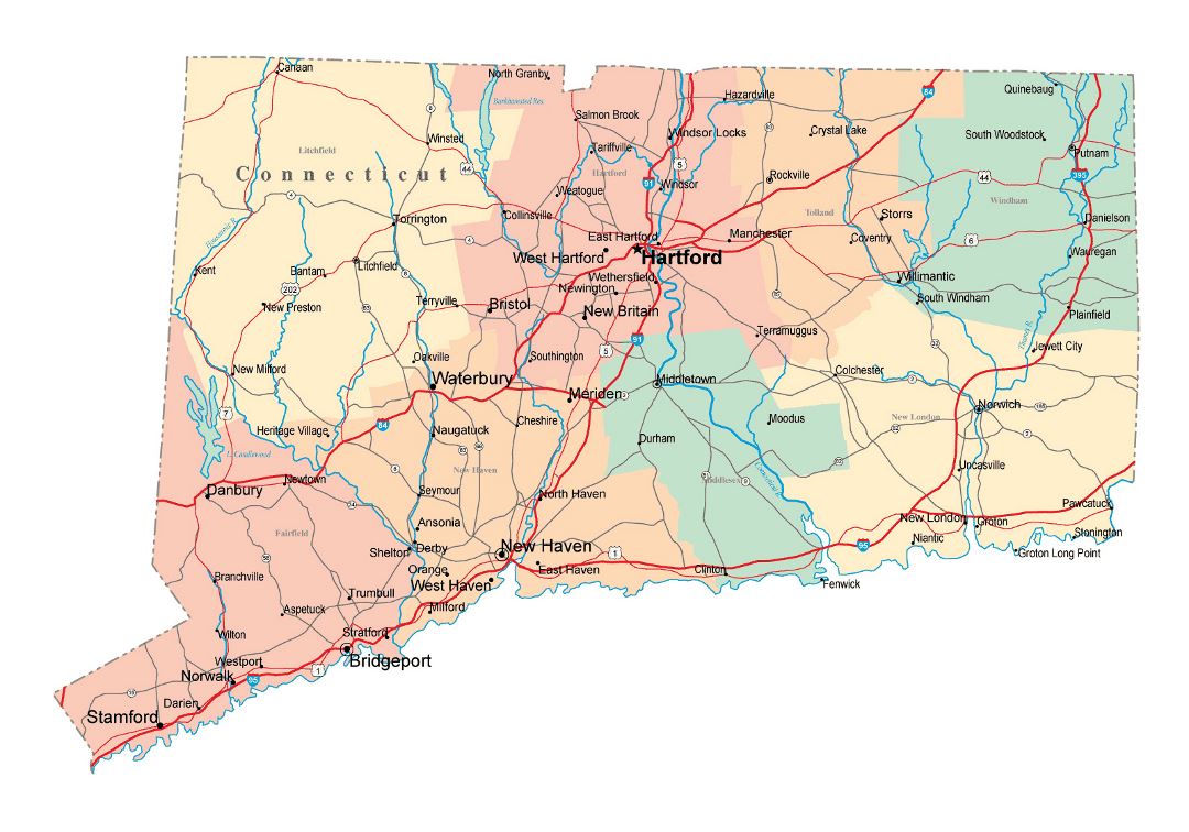 Large administrative map of Connecticut state with roads, highways and cities
