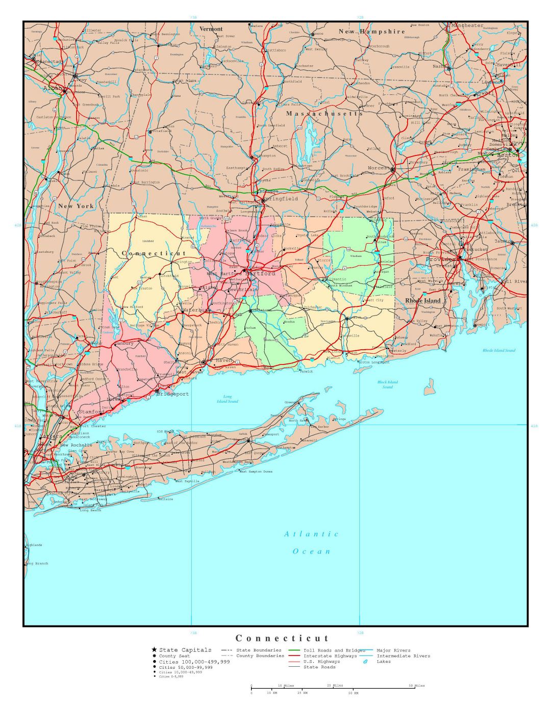 Large administrative map of Connecticut state with roads, highways and major cities