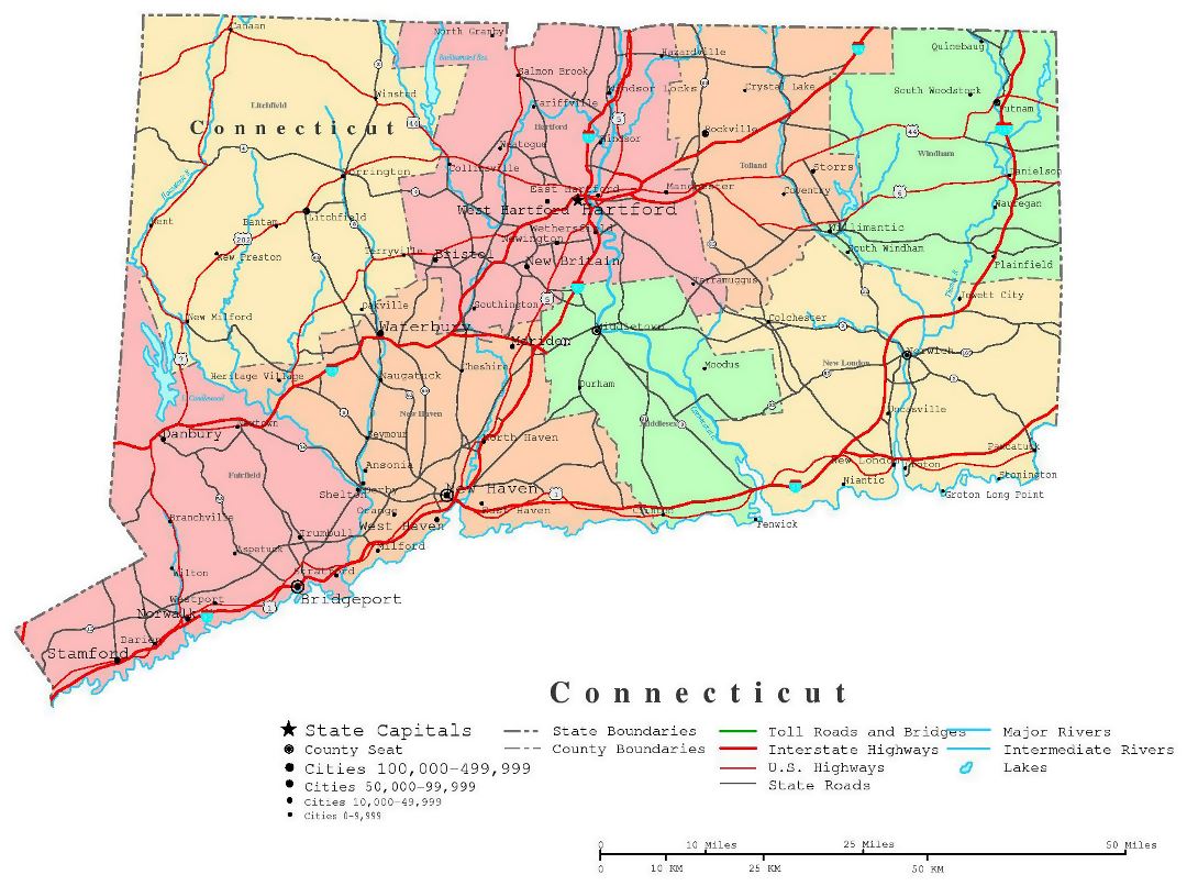 Large detailed administrative map of Connecticut state with roads, highways and cities