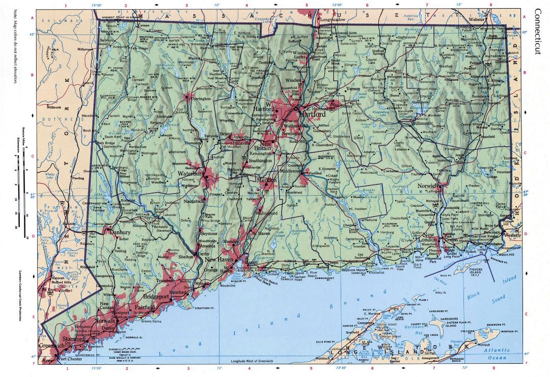 Large detailed roads and highways map of Connecticut state with relief and all cities
