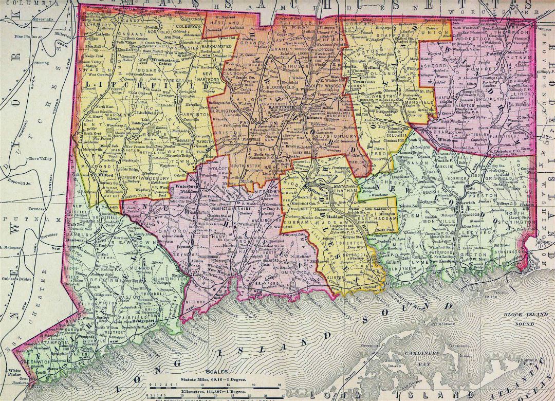 Large old administrative map of Connecticut state with roads and cities - 1895