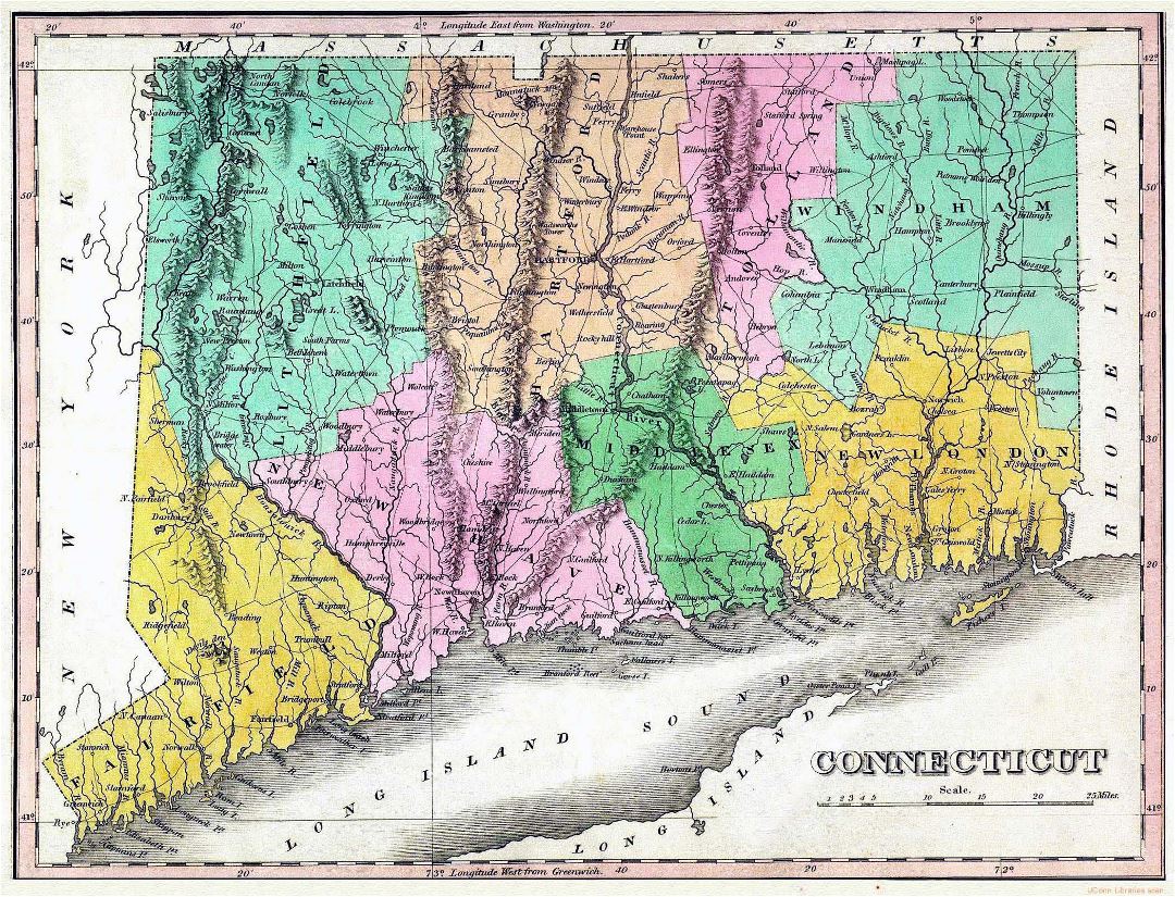 Large old map of Connecticut state with relief, roads and cities - 1824