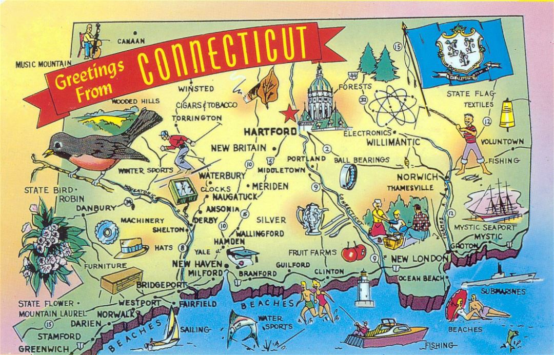 Large tourist illustrated map of Connecticut state