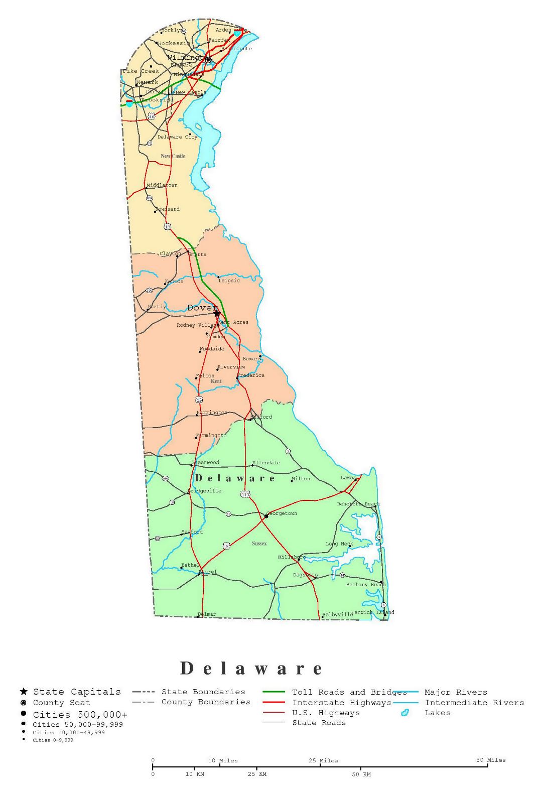 Large detailed administrative map of Delaware state with roads, highways and cities