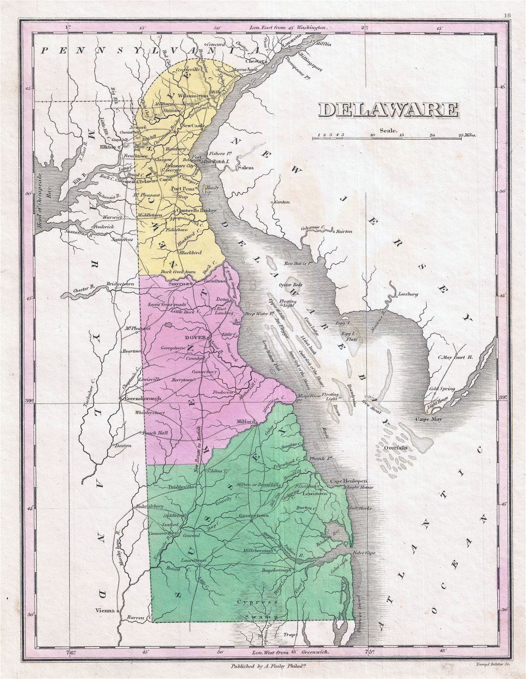 Large detailed old administrative map of Delaware state with roads and cities - 1827