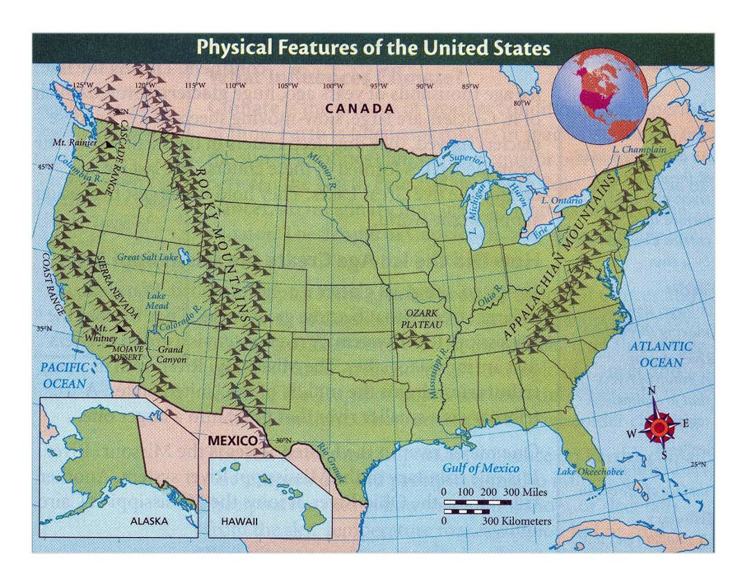 Detailed physical features map of the United States