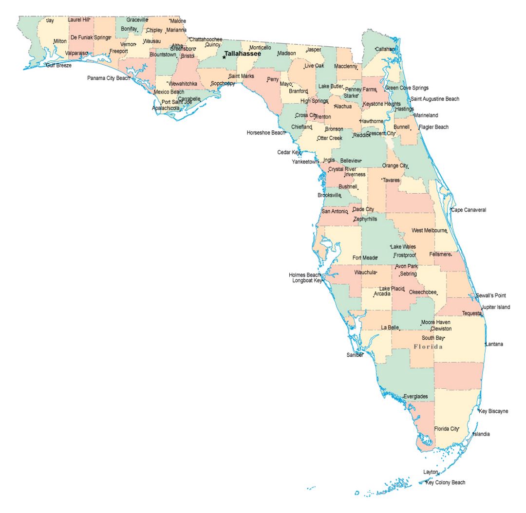 Administrative map of Florida state with major cities