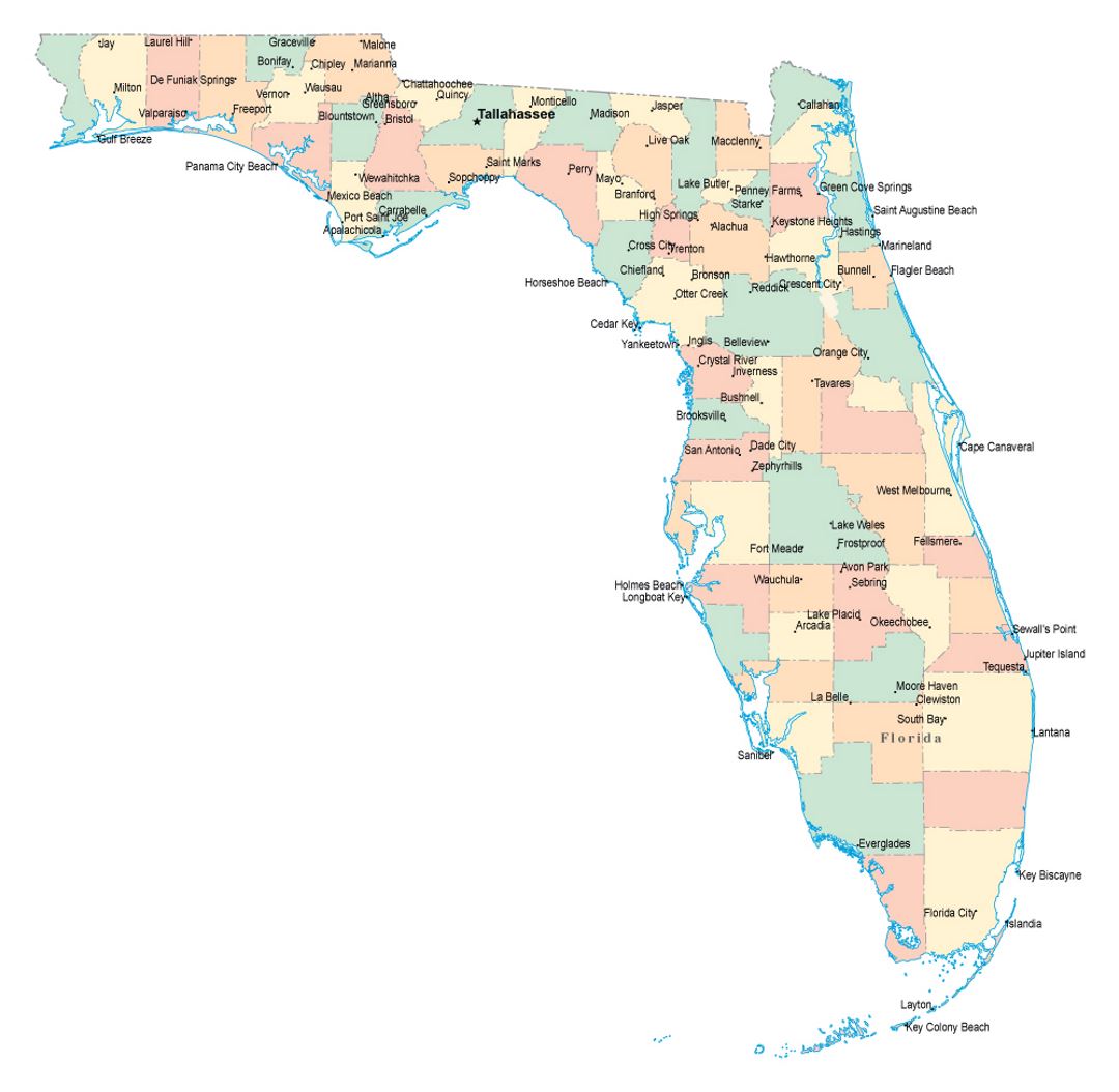 Administrative map of Florida state with major cities | Florida 