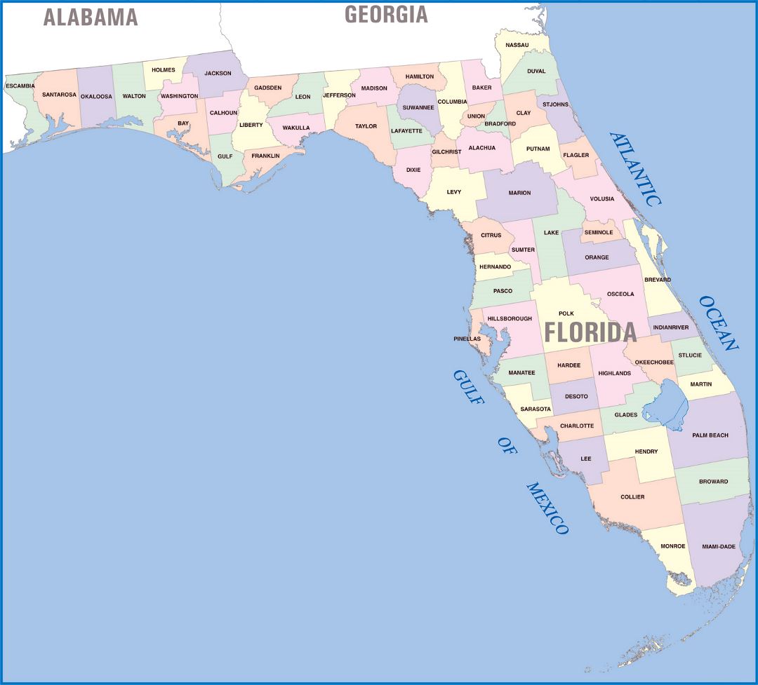 Detailed administrative divisions map of Florida state