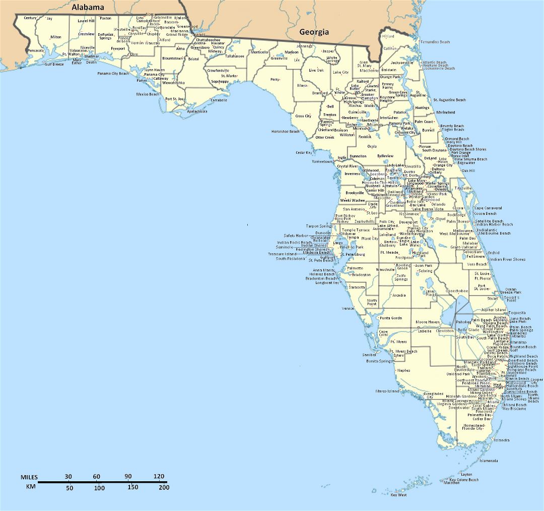 Detailed Florida state map with cities