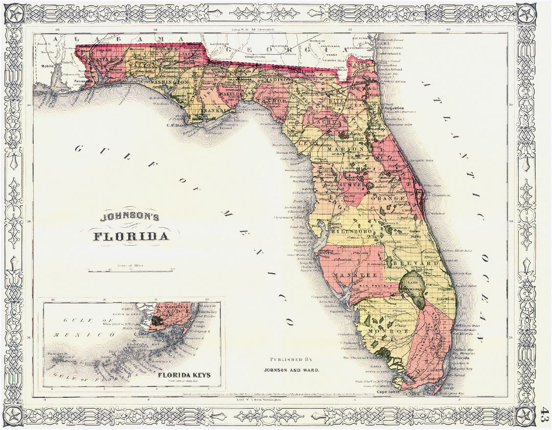 Detailed old administrative map of Florida state