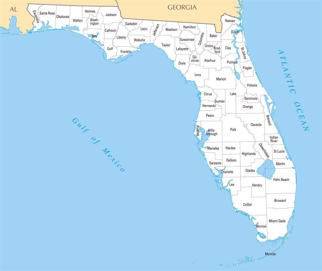 Large administrative map of Florida state