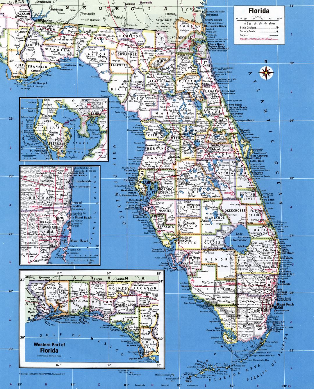 Large administrative map of Florida state with major cities