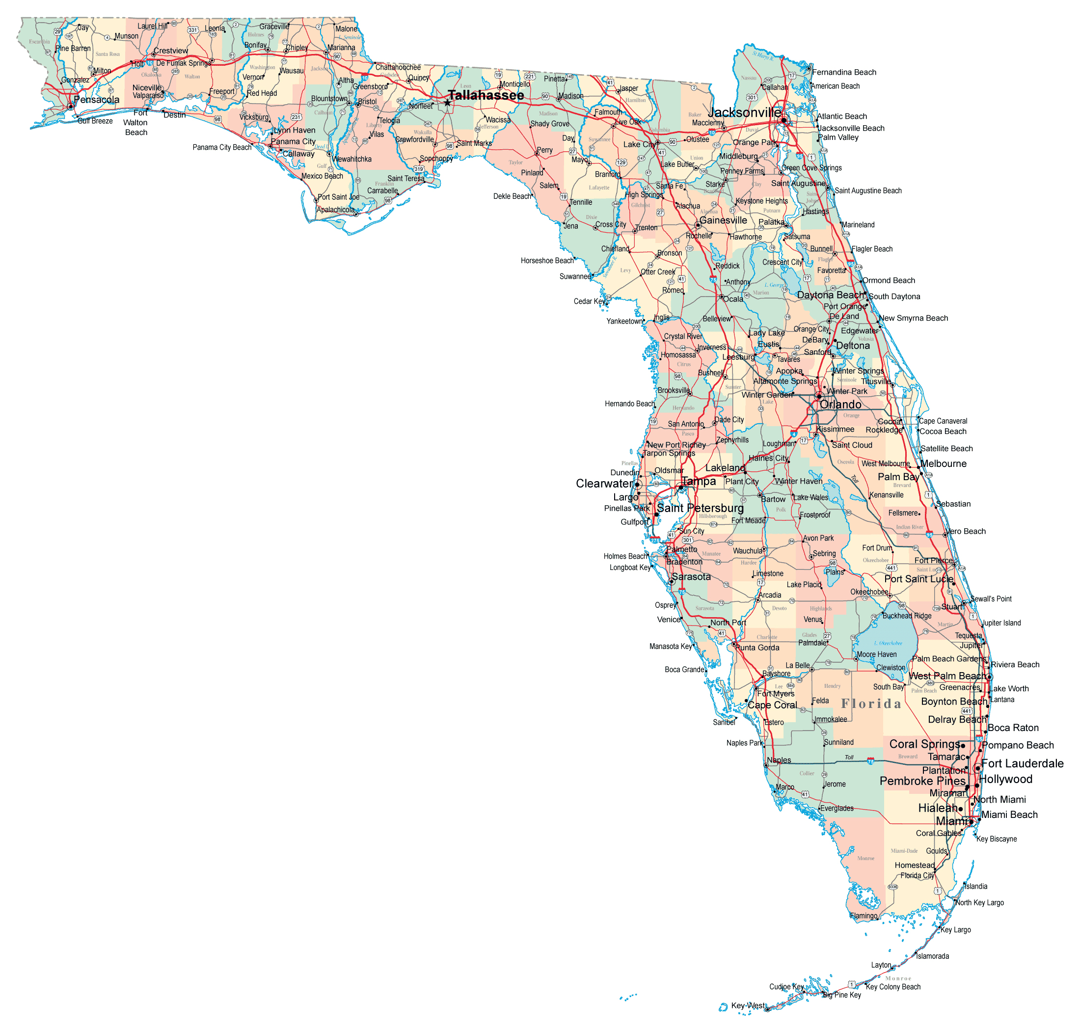 Large Roads And Highways Map Of Florida State With Cities