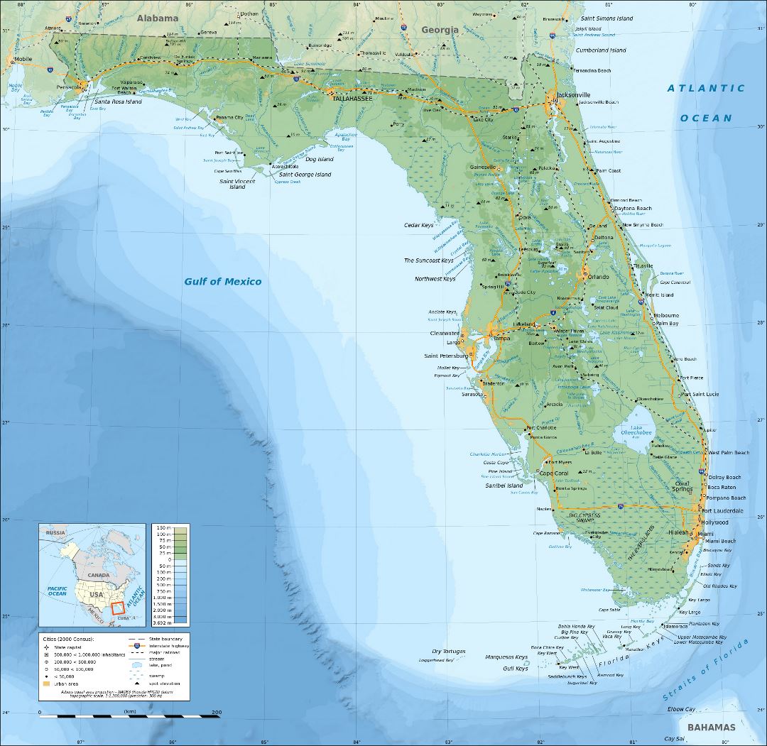 Large detailed physical map of Florida state
