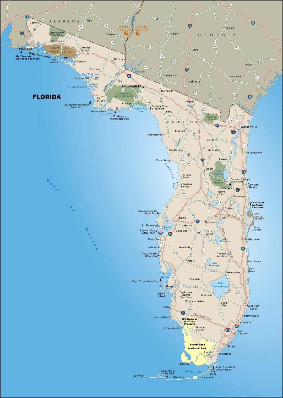 Large highways map of Florida state with national parks