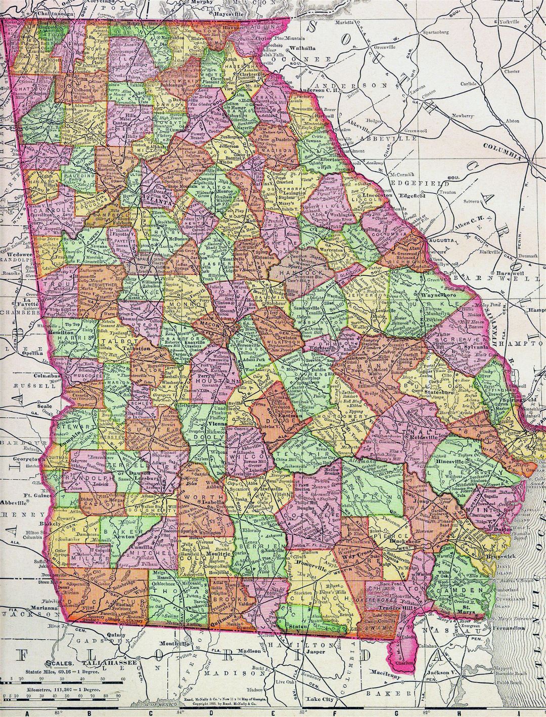 Detailed old administrative map of Georgia state with roads and cities - 1895