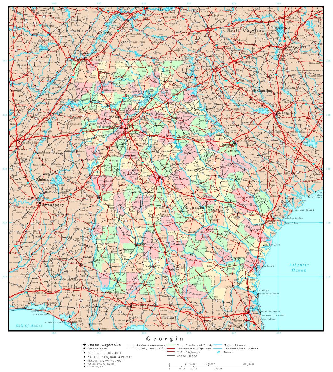 Large administrative map of Georgia state with roads, highways and major cities