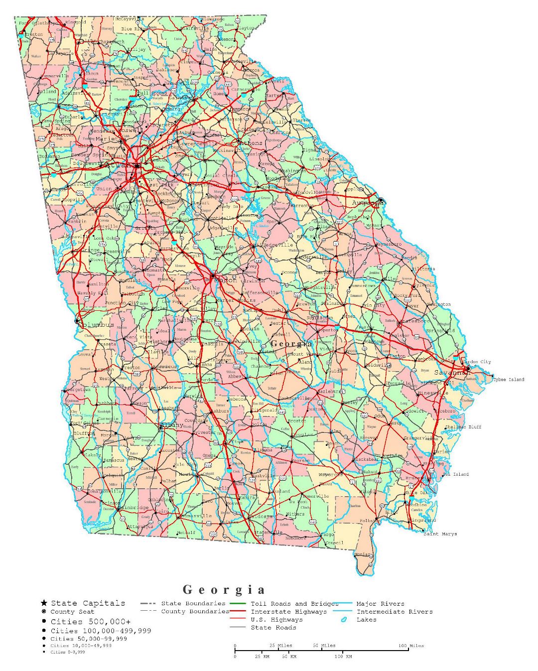 Large detailed administrative map of Georgia state with roads, highways and cities
