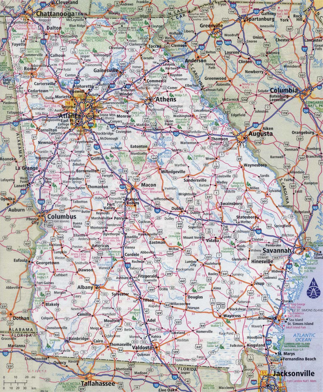 Large detailed roads and highways map of Georgia state with all cities