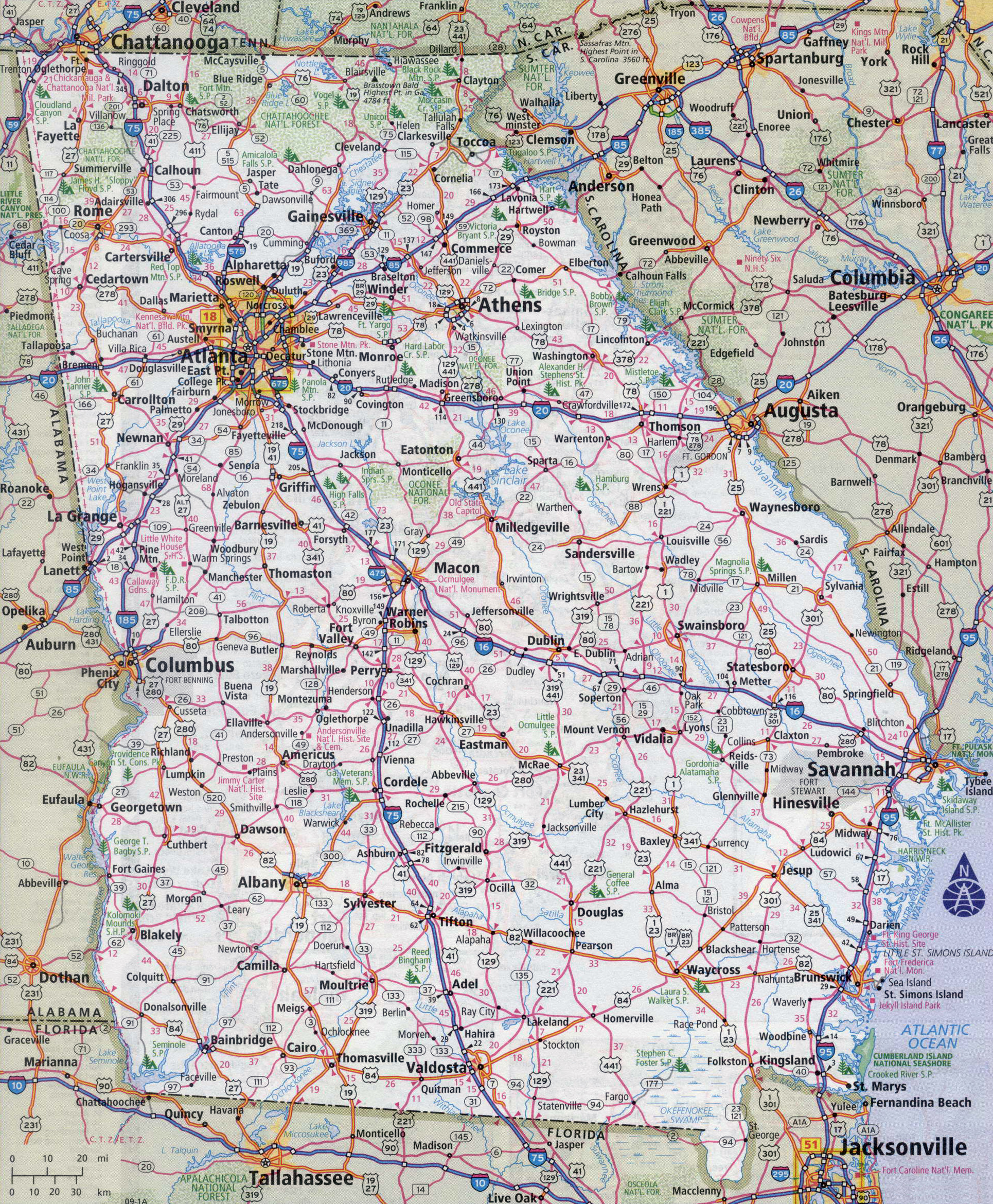 Large detailed roads and highways map of state with all cities Map Of Atlanta Ga Highways