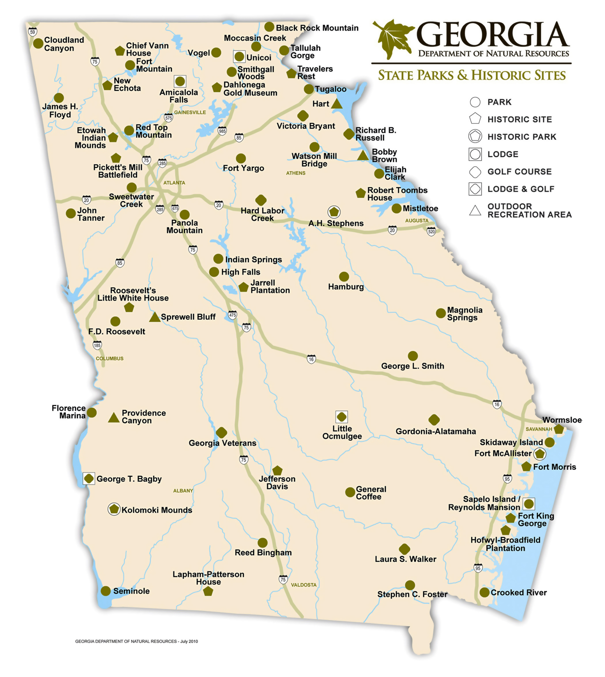 Large Detailed State Parks And Historic Sites Map Of Georgia