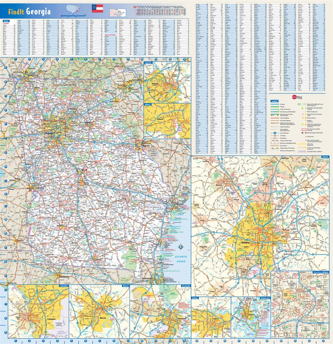 Large roads and highways map of Georgia state with national parks, all cities, towns and villages