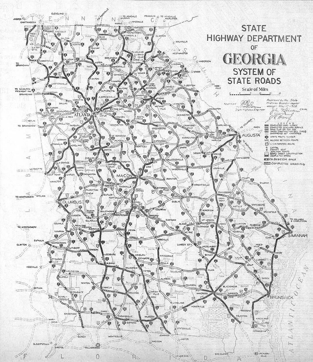 Old road system map of Georgia state - 1929