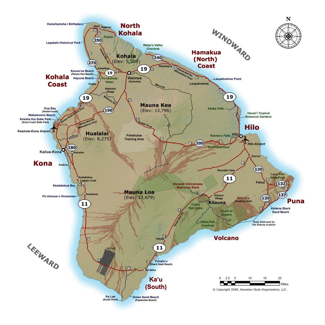Detailed map of Big Island of Hawaii with roads, cities and airports
