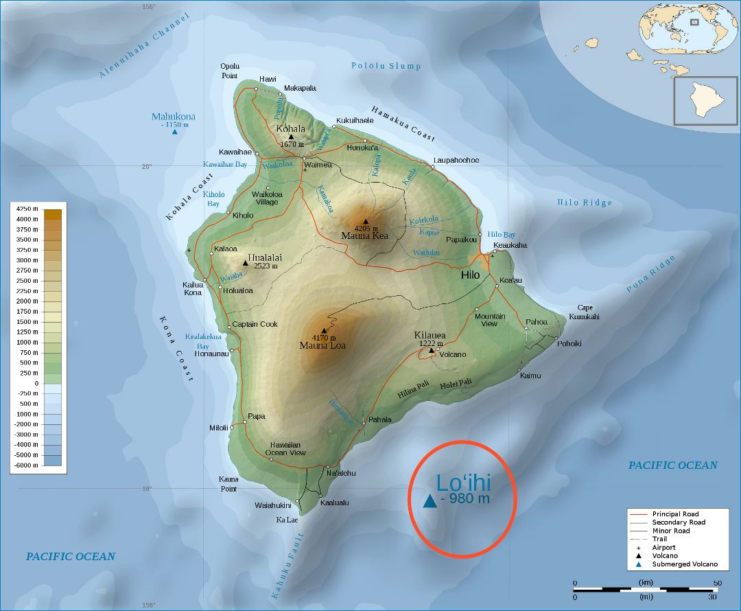 Large detailed physical map of Big Island of Hawaii with roads, cities and airports