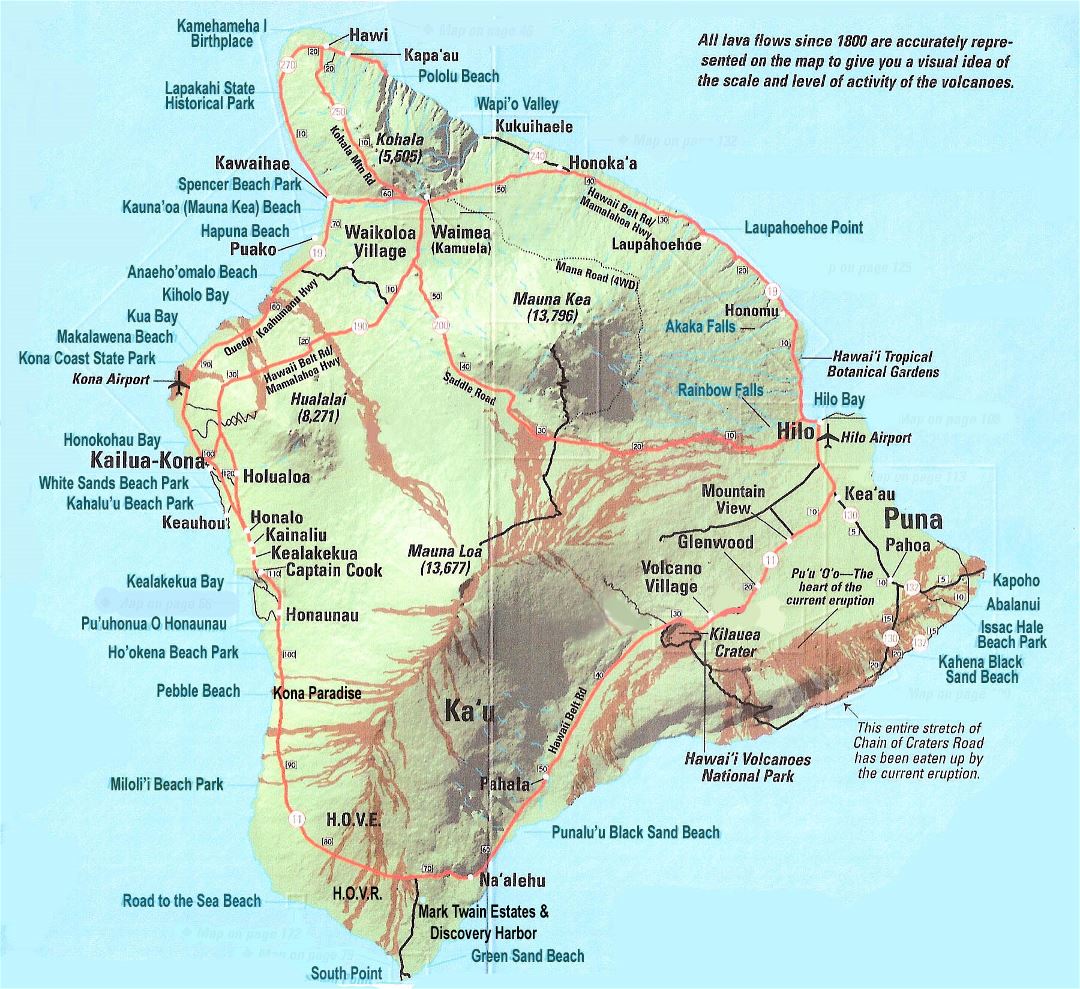 Large map of Big Island of Hawaii with relief, roads and cities