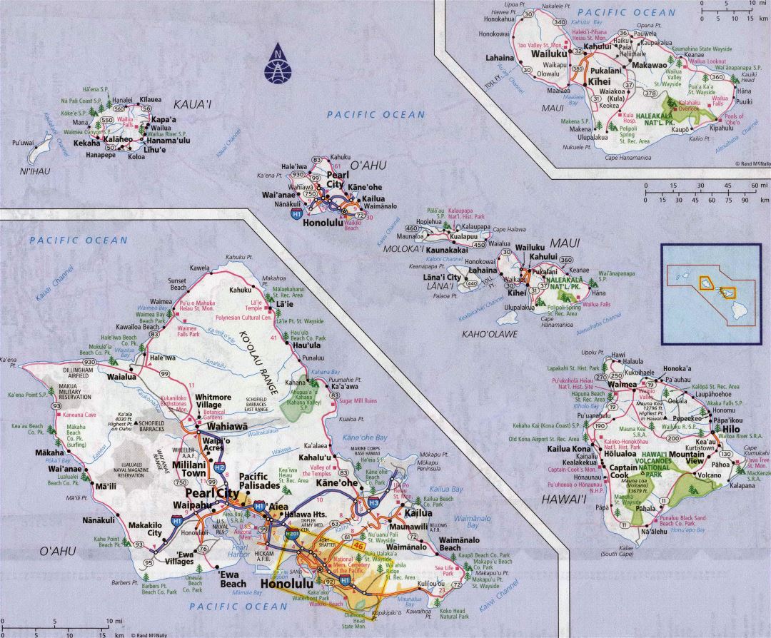 Large detailed roads and highways map of Hawaii state with all cities and villages
