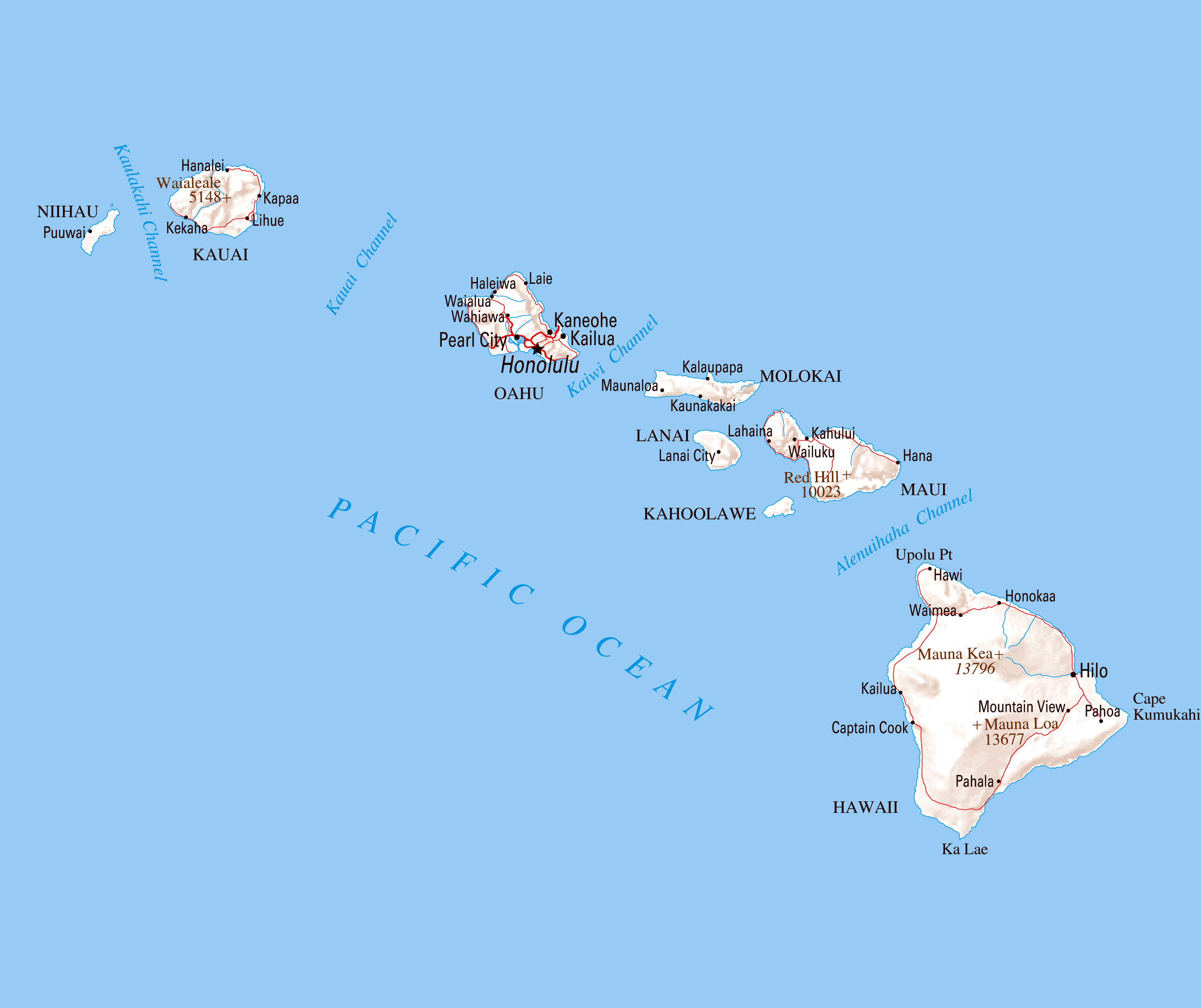 Large Map Of Hawaii State With Relief Roads And Cities 