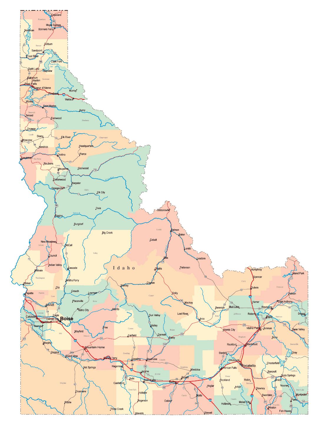 Large administrative map of Idaho state with roads, highways and cities