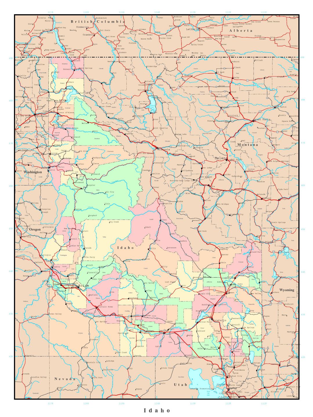 Large administrative map of Idaho state with roads, highways and major cities