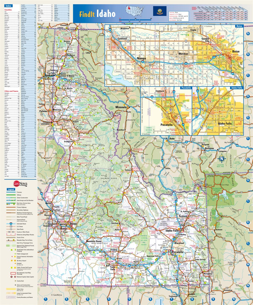 Large detailed roads and highways map of Idaho state with national parks, all cities, towns and villages