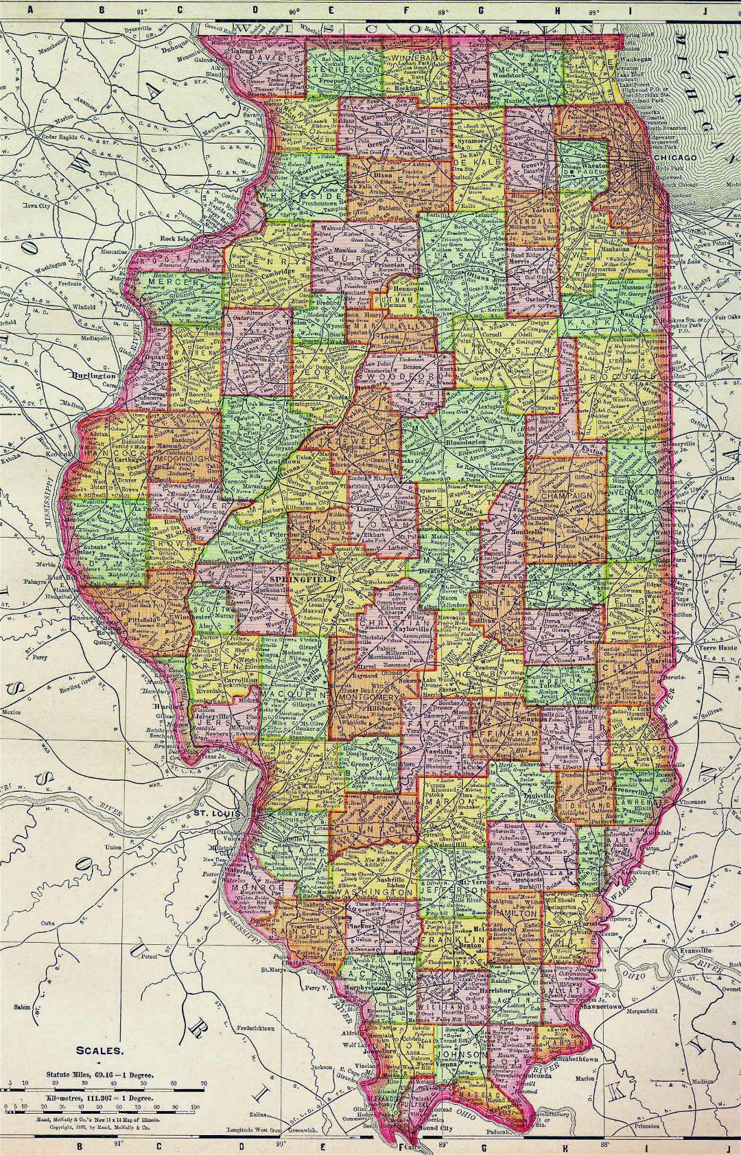 Detailed old administrative map of Illinois state - 1895