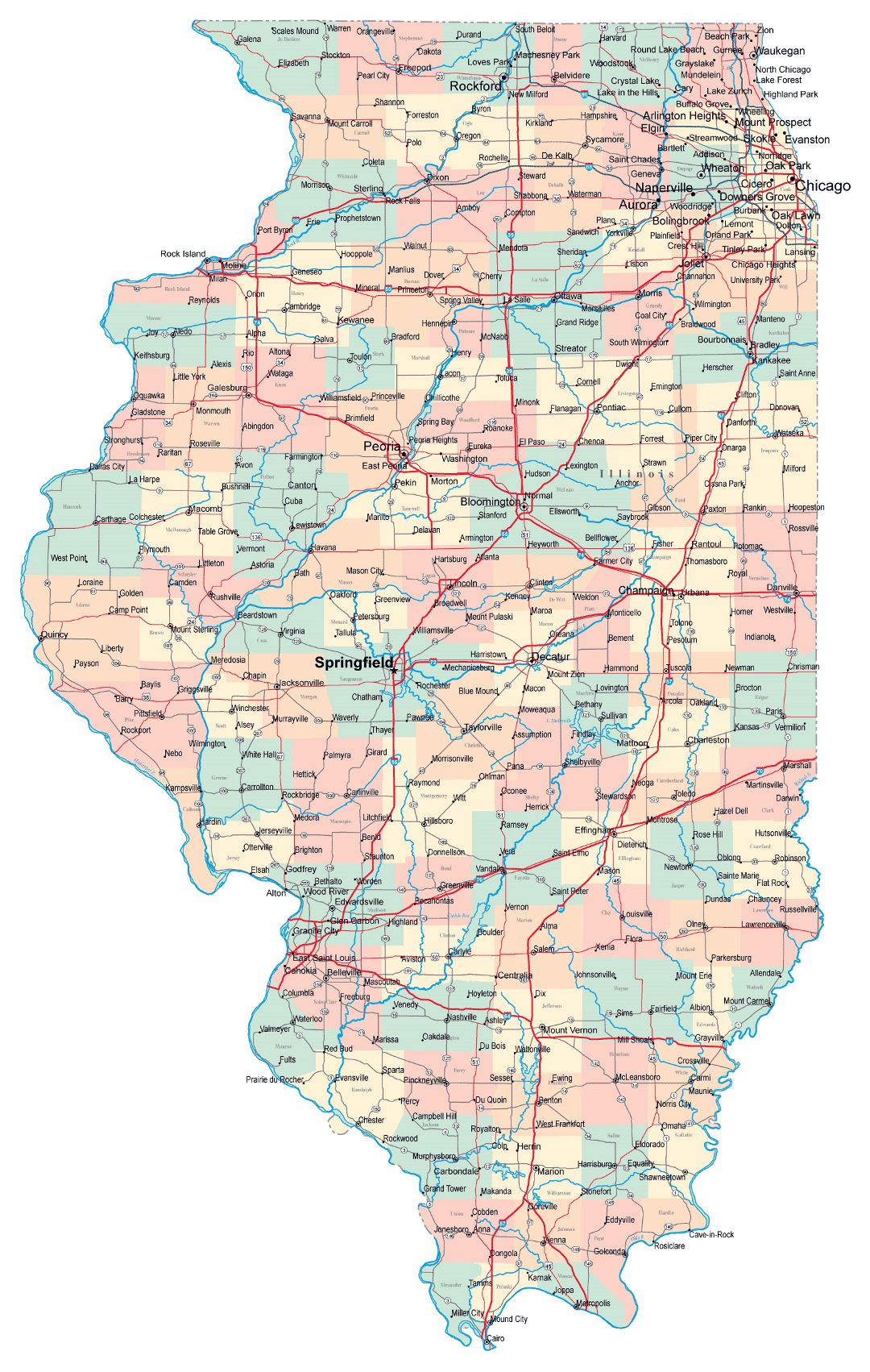 Large administrative map of Illinois state with roads, highways and cities