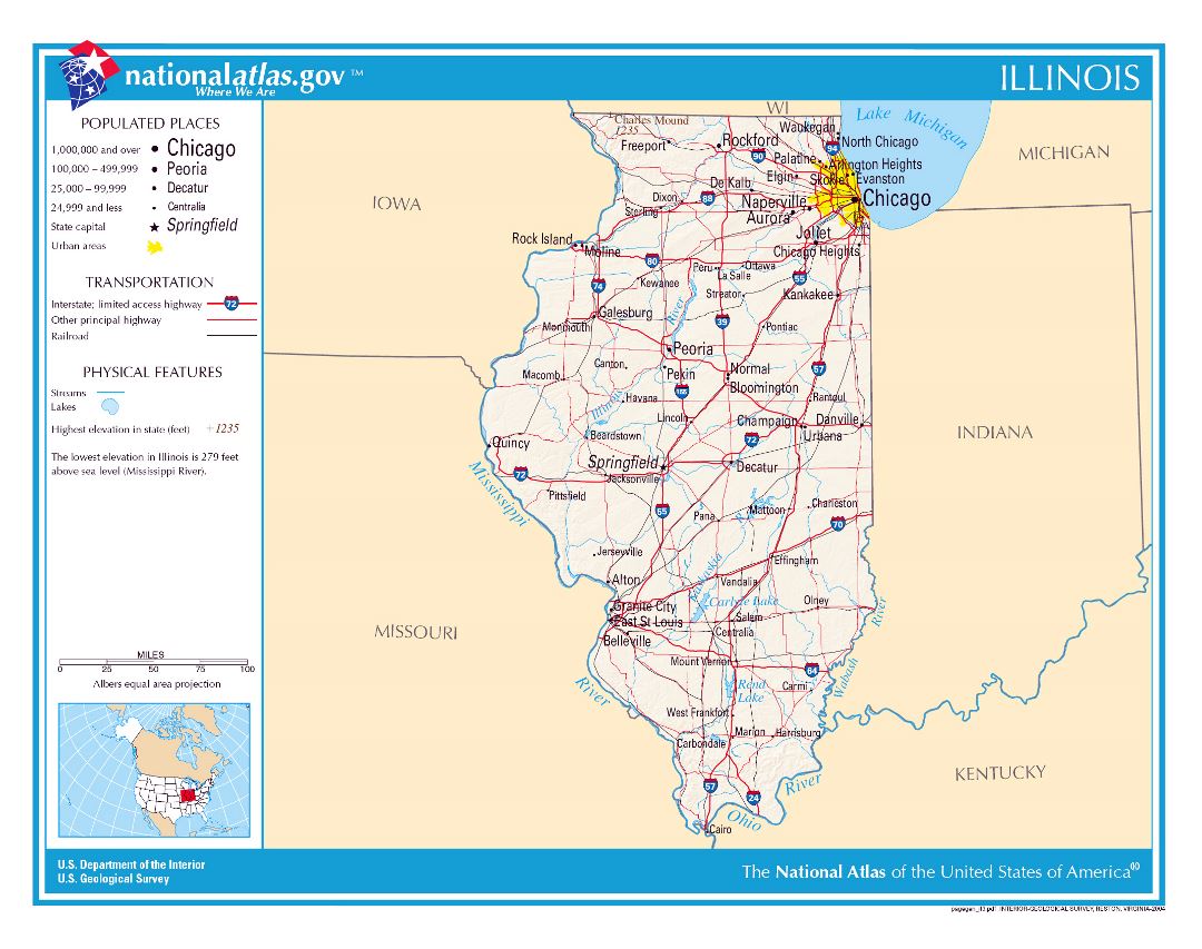 Large detailed map of Illinois state