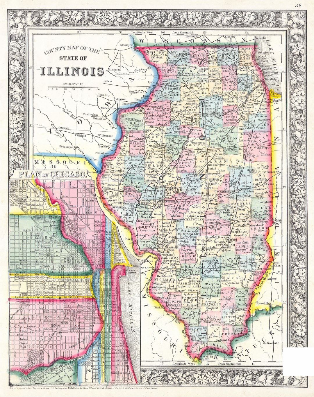 Large detailed old administrative map of Illinois state with cities - 1861