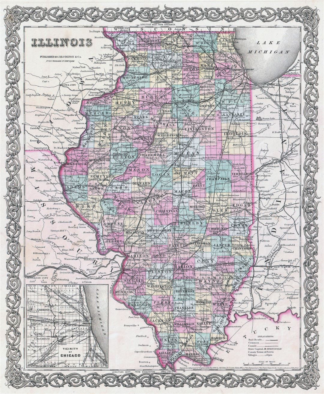 Large detailed old administrative map of Illinois state with railroads, cities and other marks - 1855