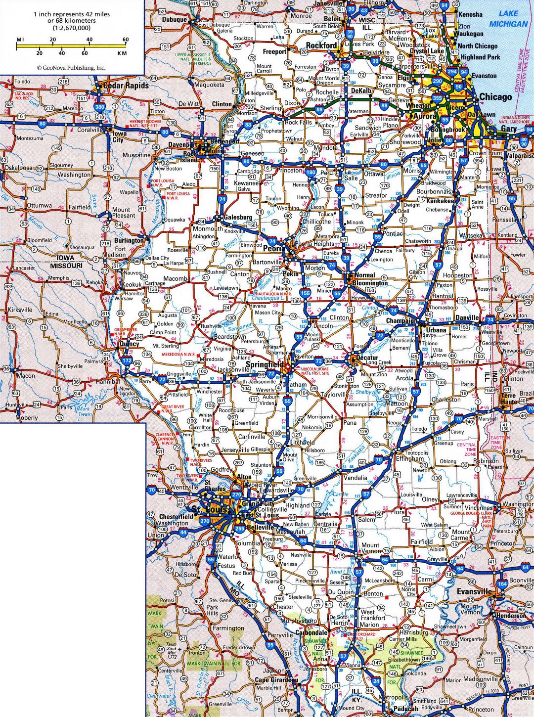 Large detailed roads and highways map of Illinois state with all cities and national parks