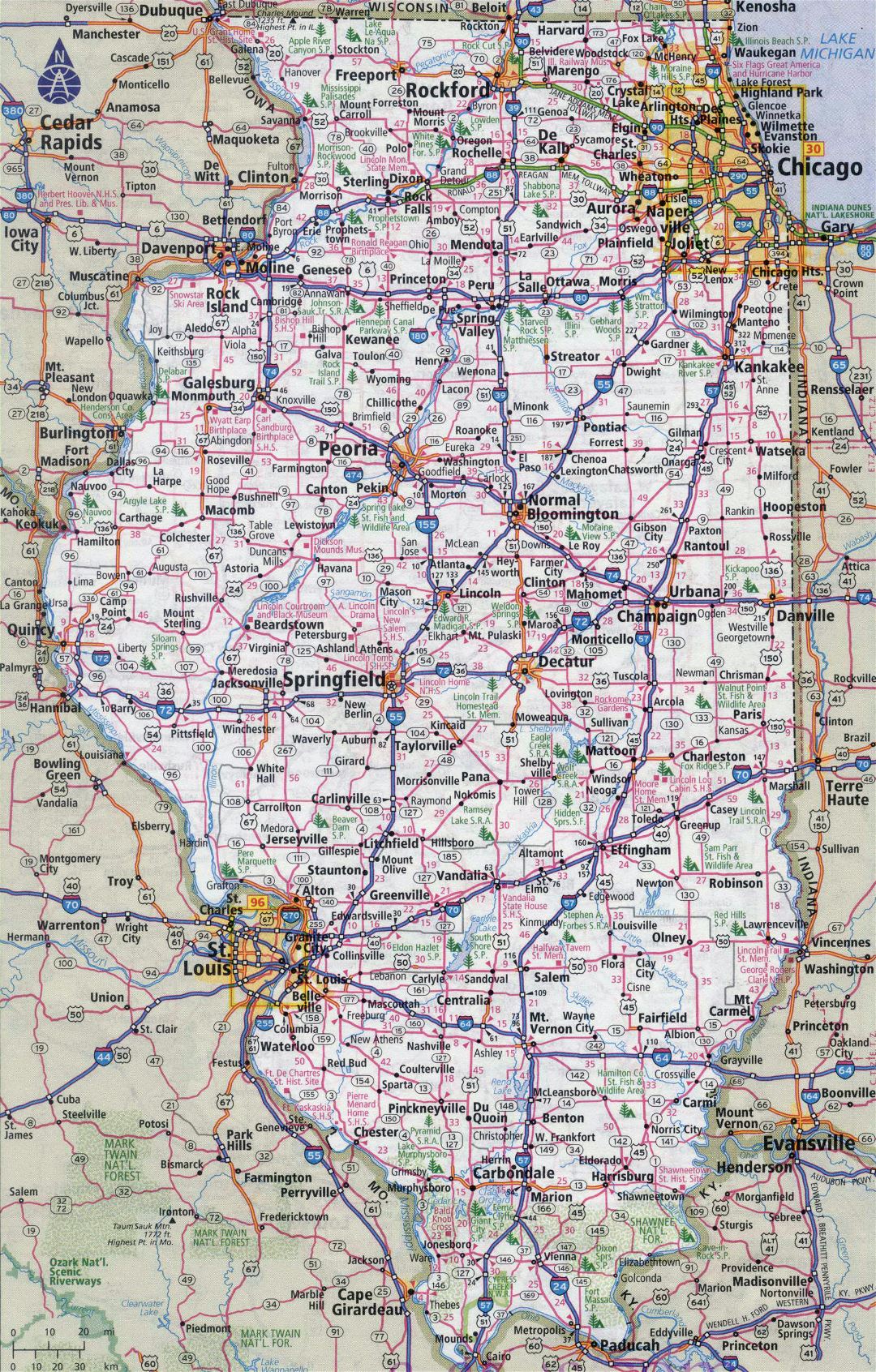 Large detailed roads and highways map of Illinois state with all cities