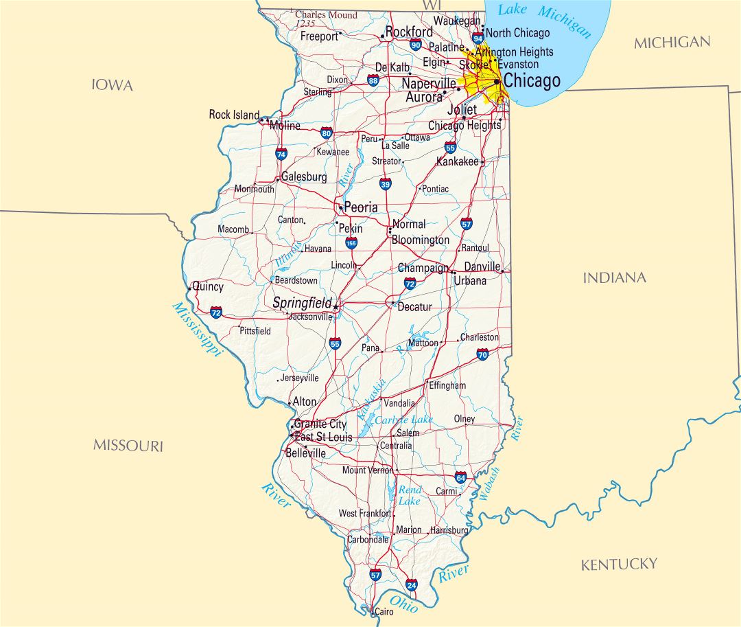 Large map of Illinois state with roads, highways, relief and major cities