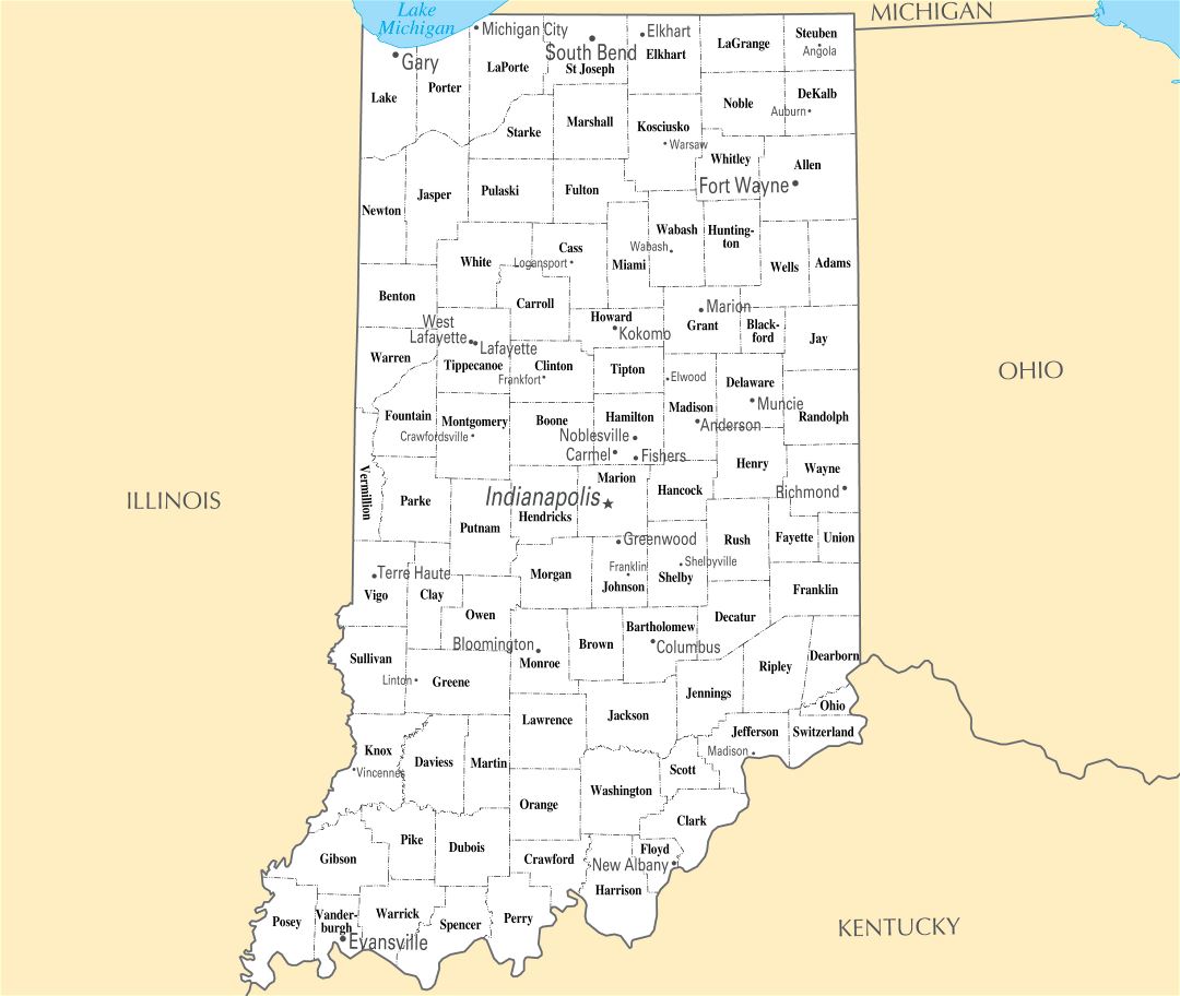 Large administrative map of Indiana state with major cities