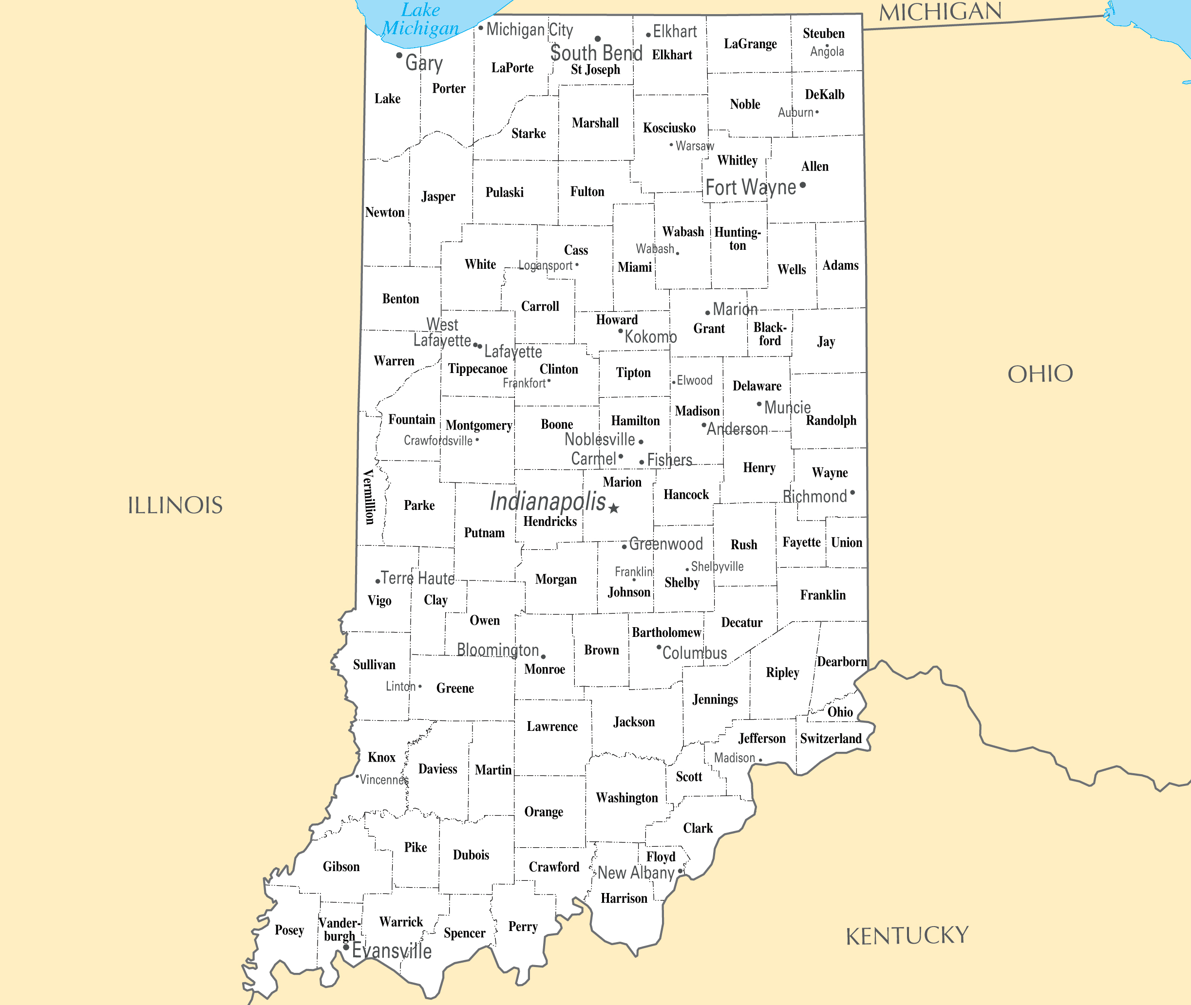 Large Administrative Map Of Indiana State With Major Cities