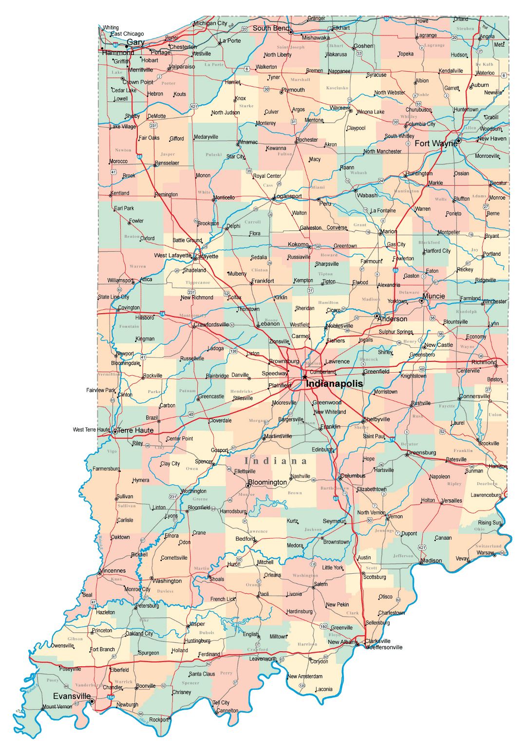 Large administrative map of Indiana state with roads, highways and cities