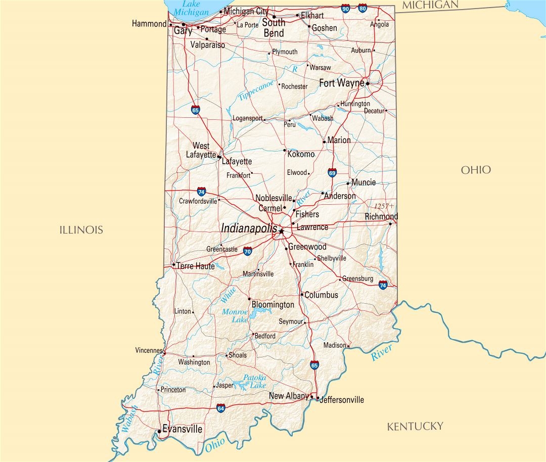 Large detailed map of Indiana state with roads, highways, relief and major cities