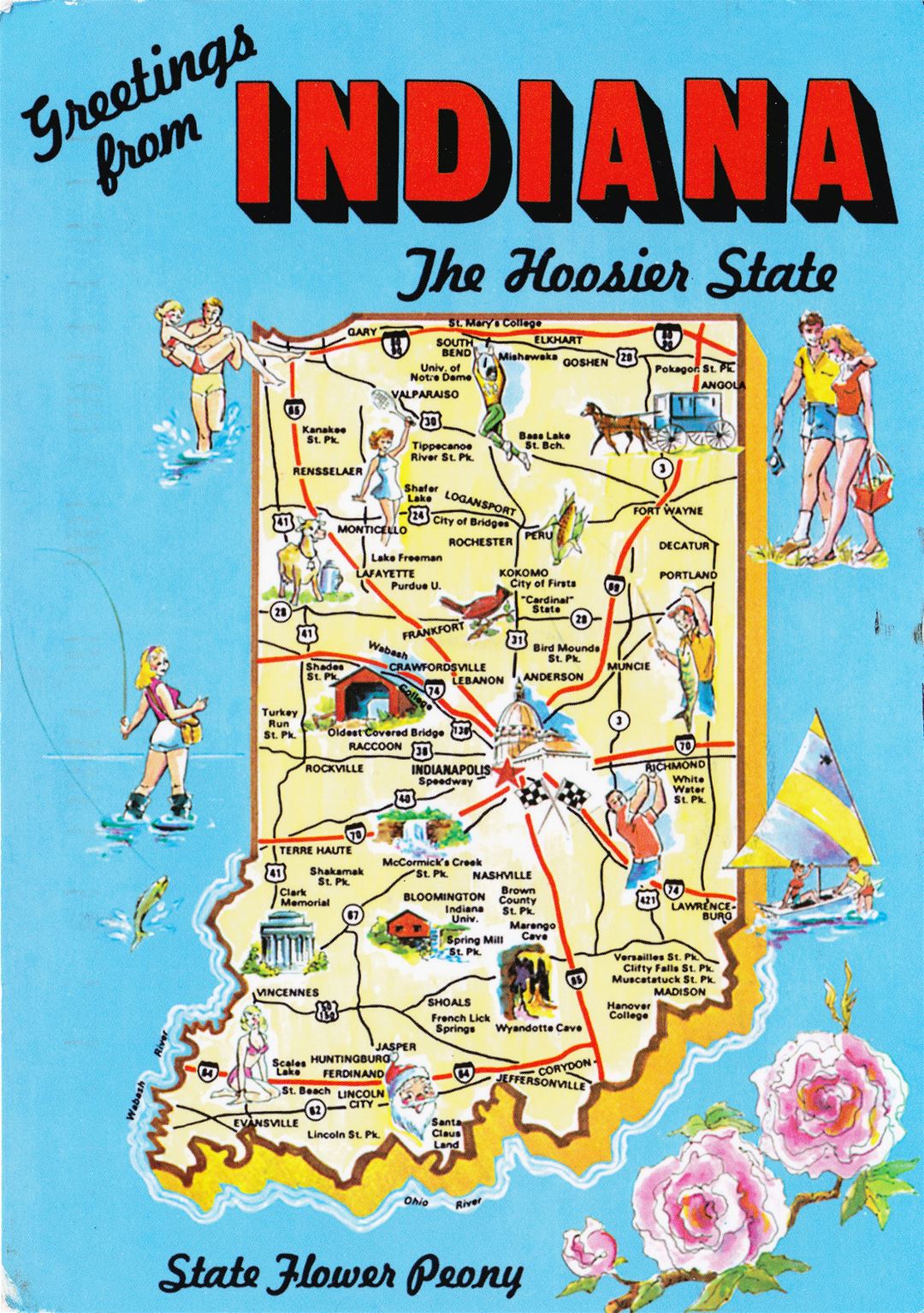 Large detailed tourist illustrated map of Indiana state