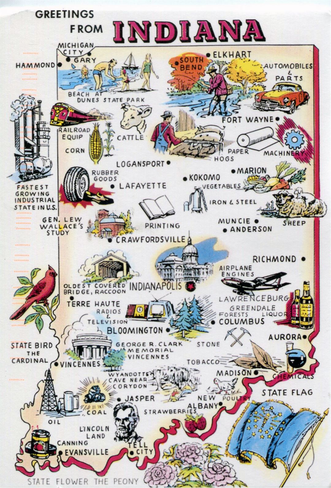 Large tourist illustrated map of Indiana state